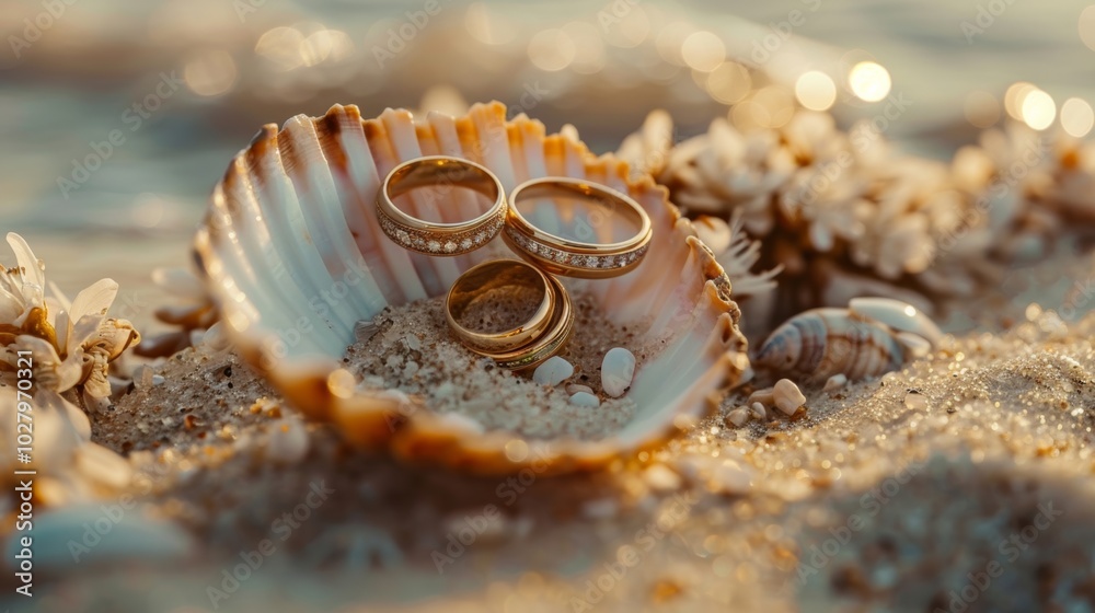 Golden Rings Resting in a Seashell by the Beach