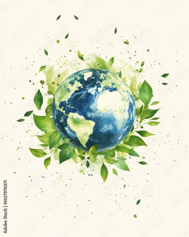A Watercolor Illustration of the Earth Surrounded by Lush Green Leaves, Symbolizing the Importance of Nature and Environmental Preservation. A Watercolor Illustration of the Earth Surrounded by Lush Green Leaves, Symbolizing the Importance of Nature and Environmental Preservation.