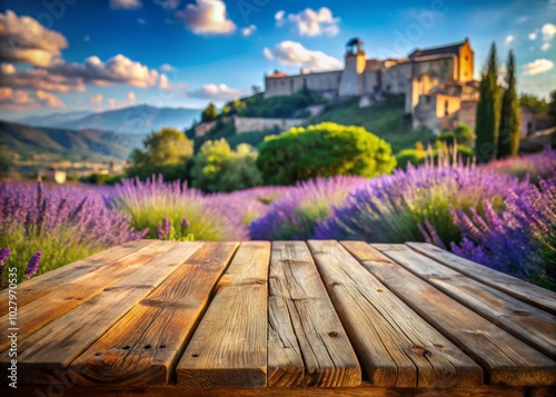 Wooden Table Top with Blurred Coffee Shop Background and Lavender Fields in Provence, France - Rustic Charm and Tranquil Ambience