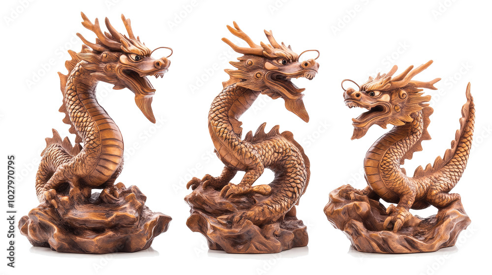 Fototapeta premium Intricate Chinese Dragon Statues on White Background Generative AI