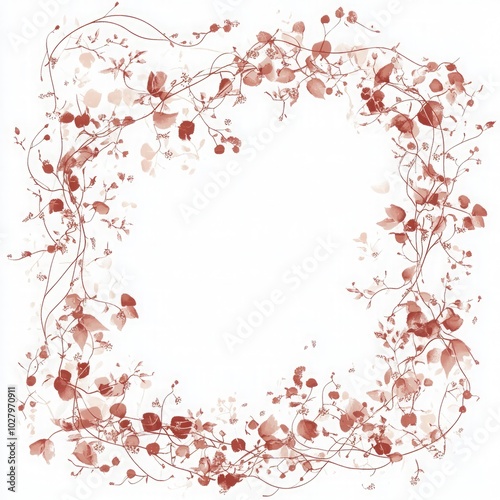 Delicate red leaf and vine border design created with watercolor techniques on a white background for artistic compositions