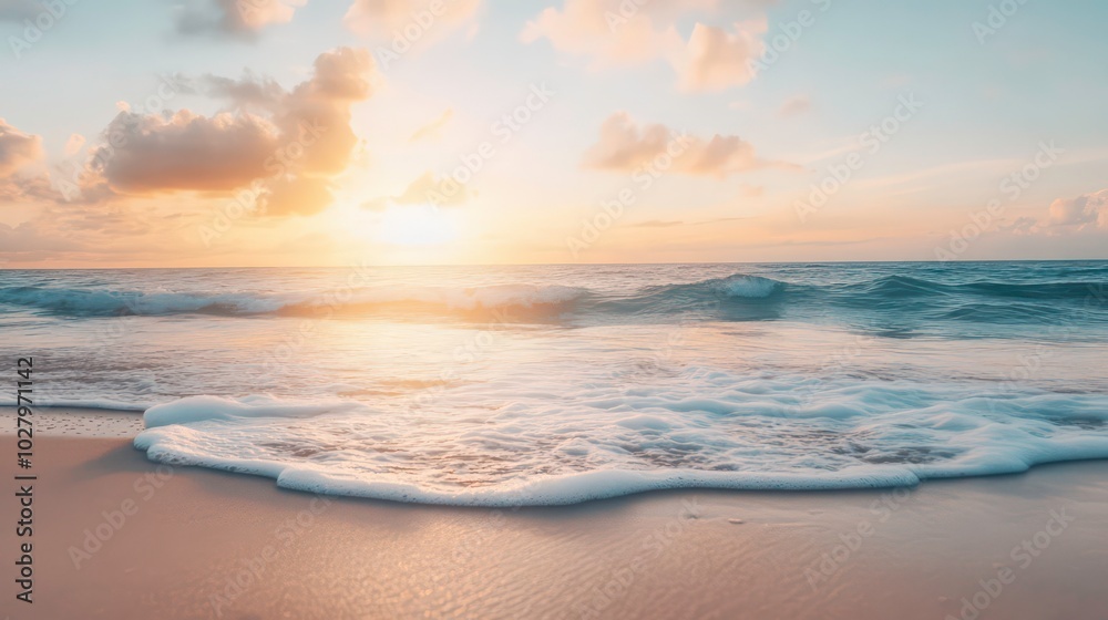 A beautiful sunset over the ocean with waves crashing on the beach. A beautiful sunset over the ocean with waves crashing on the beach.
