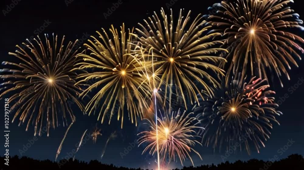 A cascade of golden fireworks descends gracefully, filling the sky with sparkling trails against a deep blue night backdrop. A cascade of golden fireworks descends gracefully, filling the sky with sparkling trails against a deep blue night backdrop.