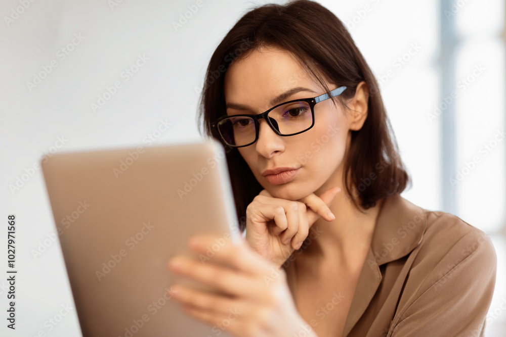 Internet Surfing. Close up portrait of beautiful pensive girl in specs working on digital tablet