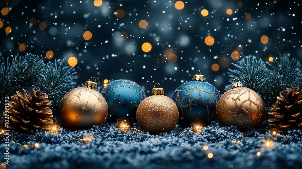 Christmas tree with golden baubles, fir cones and lights bokeh background. Space for text. Copy space. Greeting card. Christmas tree with golden baubles, fir cones and lights bokeh background. Space for text. Copy space. Greeting card.