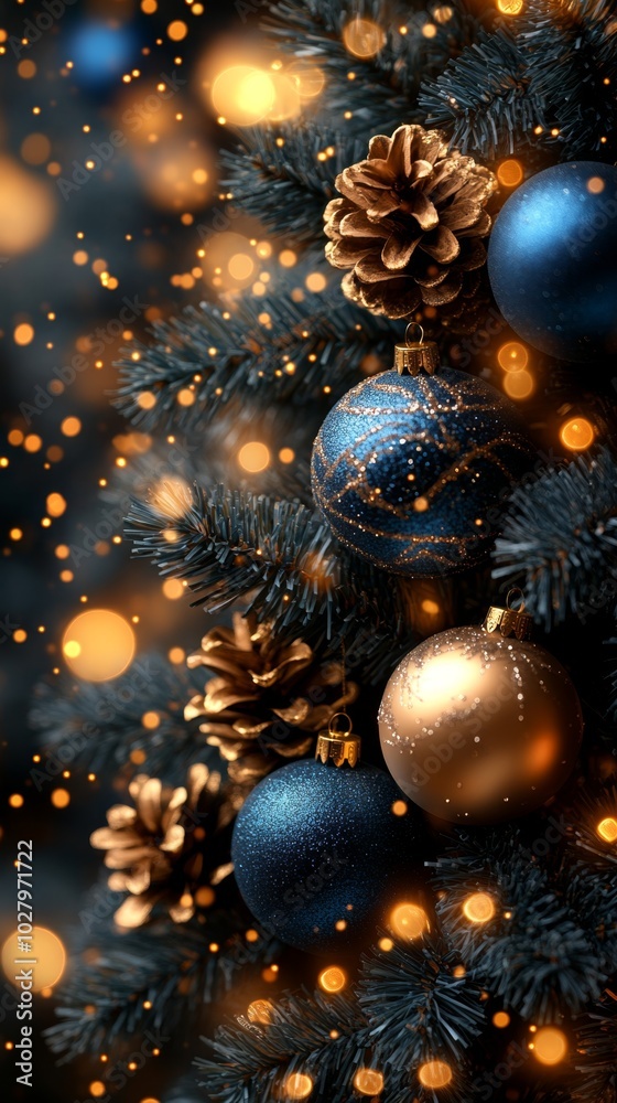 Fototapeta premium Christmas tree with golden baubles, fir cones and lights bokeh background. Space for text. Copy space. Greeting card.
