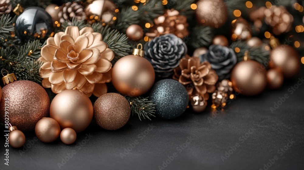 Christmas tree with golden baubles, fir cones and lights bokeh background. Space for text. Copy space. Greeting card.