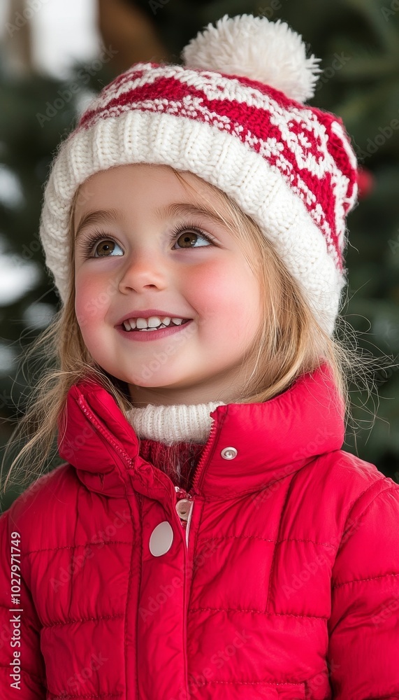 A young girl with blonde hair smiles brightly in a red winter coat and white knit hat with a pom-pom. A young girl with blonde hair smiles brightly in a red winter coat and white knit hat with a pom-pom.