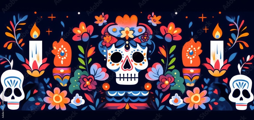 Day of the Dead Logo Featuring Masks, Skulls, and Sombrero with Colorful Patterns on Dark Blue Background. Day of the Dead Logo Featuring Masks, Skulls, and Sombrero with Colorful Patterns on Dark Blue Background.