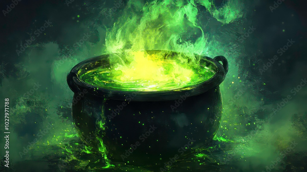 A cauldron with bubbling green liquid and green flames. A cauldron with bubbling green liquid and green flames.