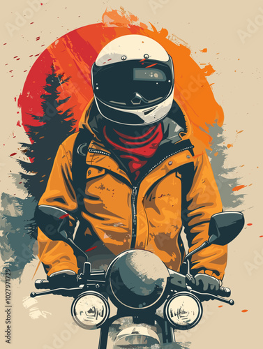 Motorcyclist on a motorcycle in the mountains. Vector illustration. photo