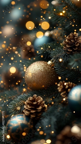 Wallpaper Mural Christmas tree with golden baubles, fir cones and lights bokeh background. Space for text. Copy space. Greeting card. Torontodigital.ca
