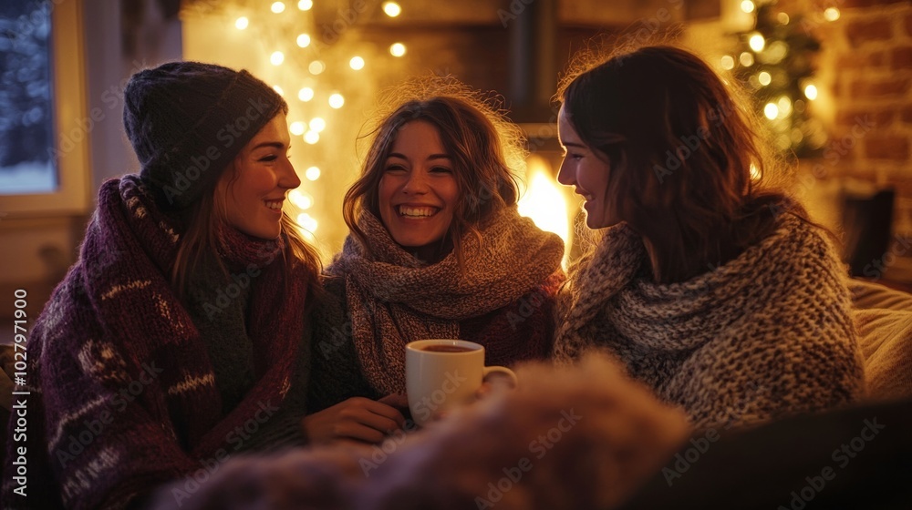 Three Friends Enjoy a Cozy Evening by the Fire with Hot Drinks and Warm Blankets Three Friends Enjoy a Cozy Evening by the Fire with Hot Drinks and Warm Blankets