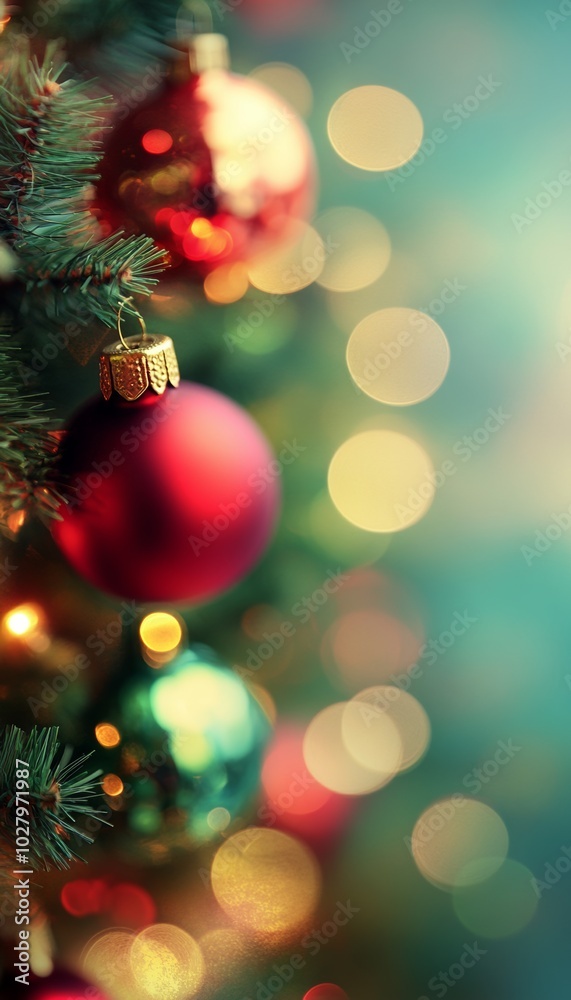 A close-up of a red Christmas ornament hanging on a decorated tree, with twinkling lights in the background. A close-up of a red Christmas ornament hanging on a decorated tree, with twinkling lights in the background.