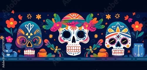 Day of the Dead Logo Featuring Masks, Skulls, and Sombrero with Colorful Patterns on Dark Blue Background.