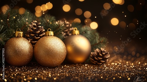 Christmas tree with golden baubles, fir cones and lights bokeh background. Space for text. Copy space. Greeting card.