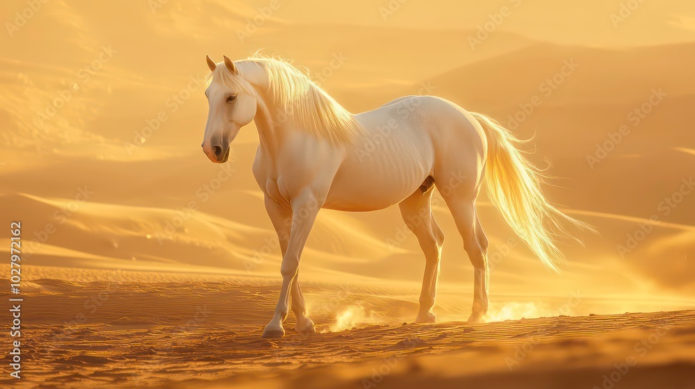 A white horse stands in a desert at sunset, its mane and tail flowing in the wind.