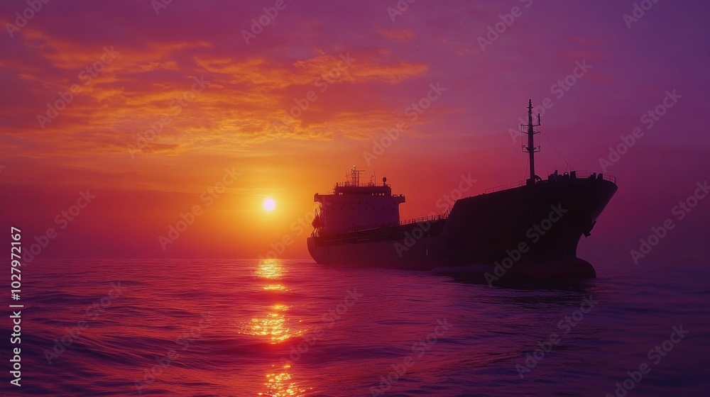 A tranquil sunset over the ocean with a ship silhouetted against vibrant skies. A peaceful scene of nature and maritime beauty.