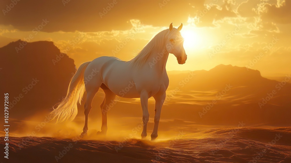 A majestic white horse stands tall in a desert landscape at sunset, the golden light illuminating its flowing mane and tail. A majestic white horse stands tall in a desert landscape at sunset, the golden light illuminating its flowing mane and tail.