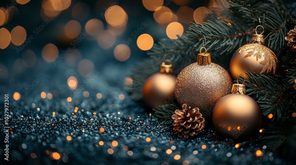 Christmas tree with golden baubles, fir cones and lights bokeh background. Space for text. Copy space. Greeting card. Christmas tree with golden baubles, fir cones and lights bokeh background. Space for text. Copy space. Greeting card.