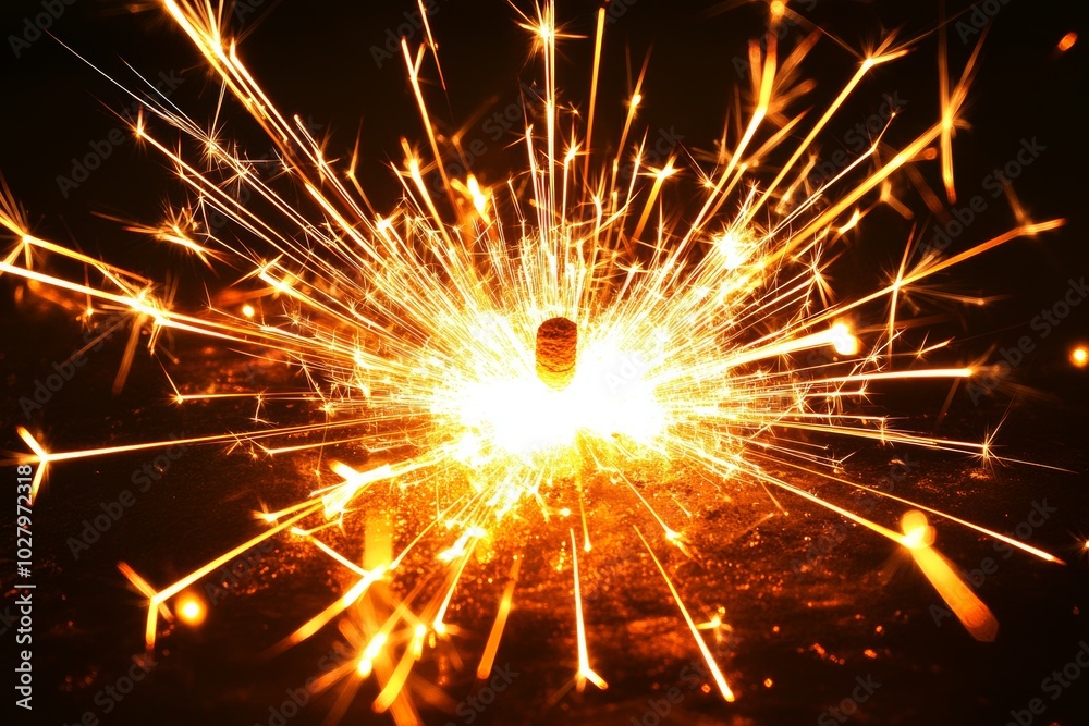 Close-up of a burning sparkler creating a bright, star-like pattern against a dark background. Close-up of a burning sparkler creating a bright, star-like pattern against a dark background.