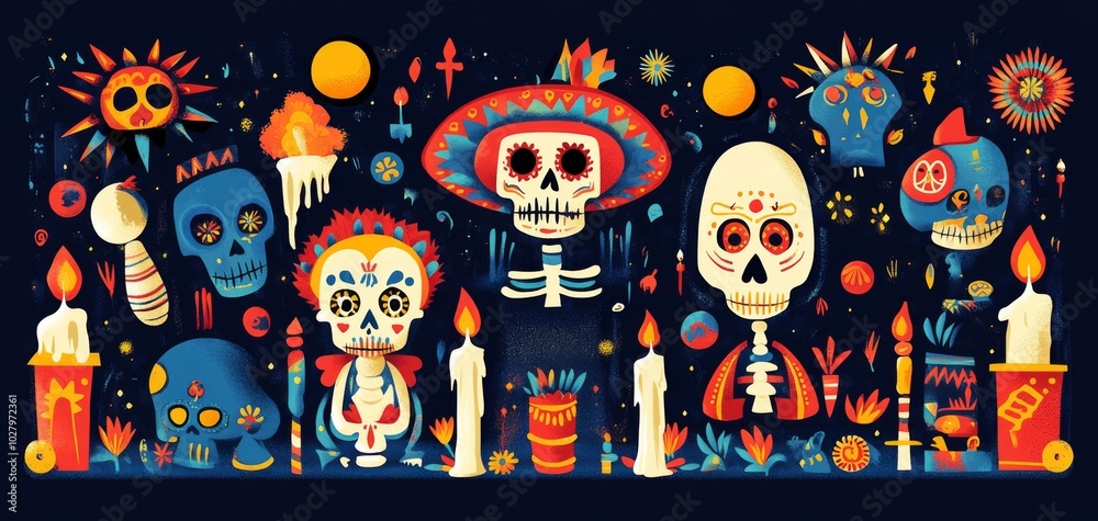 Day of the Dead Logo Featuring Masks, Skulls, and Sombrero with Colorful Patterns on Dark Blue Background. Day of the Dead Logo Featuring Masks, Skulls, and Sombrero with Colorful Patterns on Dark Blue Background.