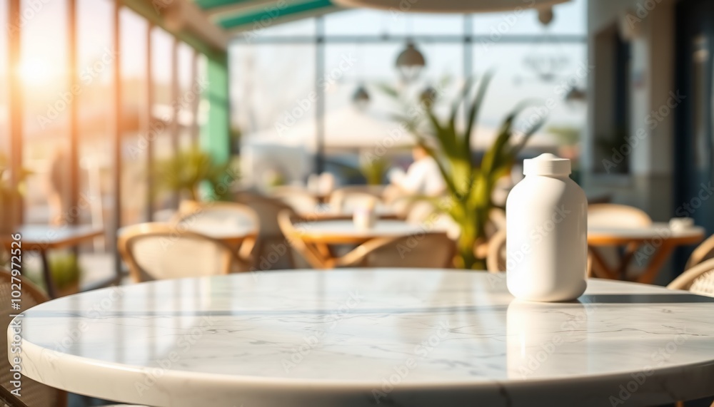 Empty marble Tabletop with Blurred Cafe Background, Perfect for Summer Product Displays Empty marble Tabletop with Blurred Cafe Background, Perfect for Summer Product Displays