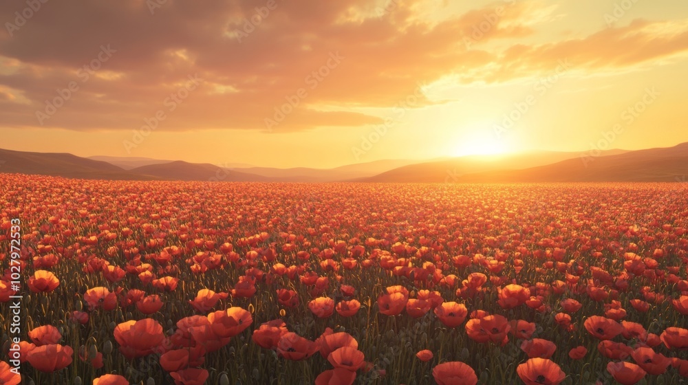 Fototapeta premium Vibrant sunset over a field of red poppies, creating a serene and peaceful landscape filled with natural beauty.