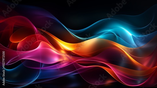 abstract multicolored wavy ornament with shiny gradient colorful lines forming black background photo