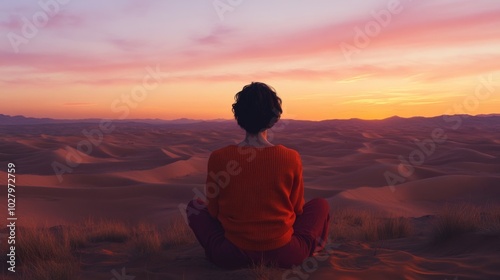 A peaceful moment at sunset, a person sits alone in the sand dunes, capturing the beauty of nature and tranquility.