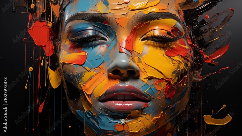 abstract portrait of painting artwork of side view of person face features designed in different colors on black background abstract portrait of painting artwork of side view of person face features designed in different colors on black background