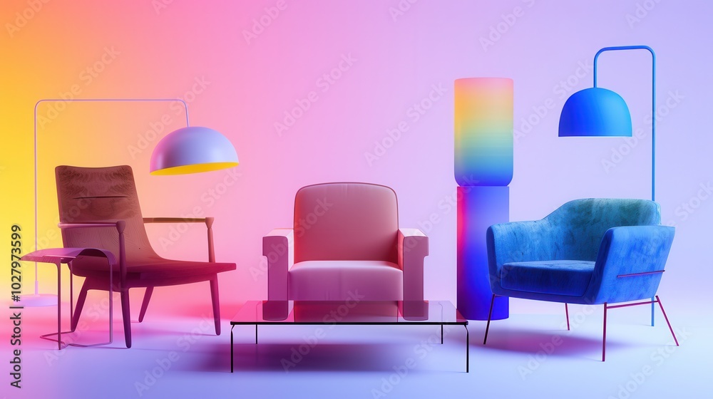 Silhouettes of stylish furniture including an armchair, table, and lamps set against a soft gradient backdrop highlighting modern design. Generative AI Silhouettes of stylish furniture including an armchair, table, and lamps set against a soft gradient backdrop highlighting modern design. Generative AI