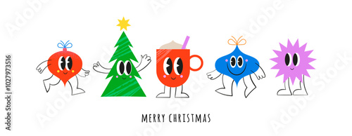 Merry Christmas, banner, poster. Funny cartoons, emojis, stickers, illustrations. Retro modern style Christmas ornaments, Santa, Xmas tree with cute characters, faces, eyes and smiles.