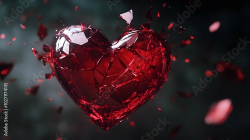 Shattered Red Glass Heart Suspended Mid-Air