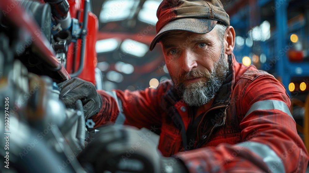 Obraz premium A truck driver checking the engine of their truck, performing routine maintenance to ensure the vehicle is in good working condition