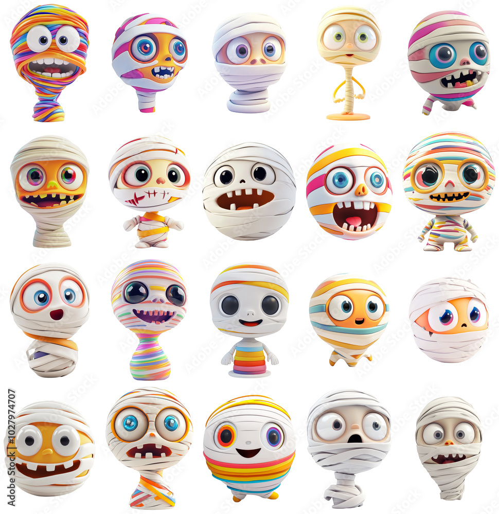 Cute Cartoon Mummy Character Set - Halloween Theme - Transparent Background - Isolated PNG