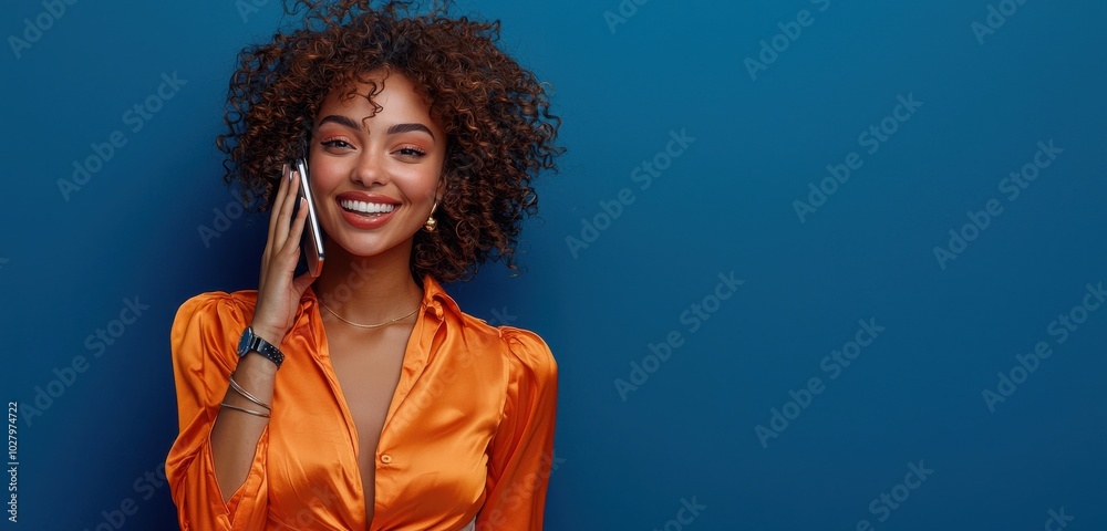 Smiling woman in orange blouse talking on smartphone against blue background Smiling woman in orange blouse talking on smartphone against blue background