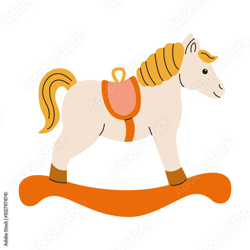 Colorful wooden rocking horse toy for children in playful design, suitable for indoor playtime fun
