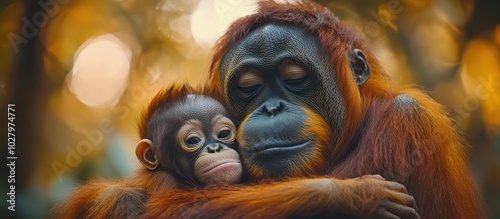 A mother orangutan cradles her young baby in her arms, both with