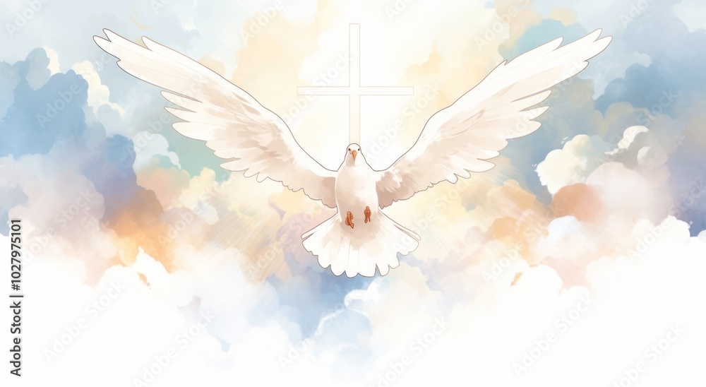 White Dove in the Sky Surrounded by Clouds and Rays of Light, Symbolizing Peace and Hope. White Dove in the Sky Surrounded by Clouds and Rays of Light, Symbolizing Peace and Hope.