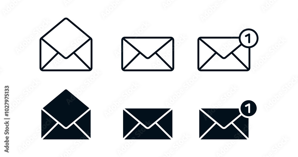 Mail notification icon set. Message mail icon vector set. E-mail envelope icon. Notification new message inbox, received, icon sign Mail notification icon set. Message mail icon vector set. E-mail envelope icon. Notification new message inbox, received, icon sign
