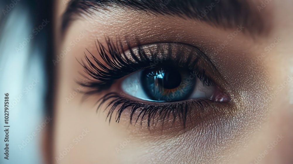 Close-up of a woman's blue eye with long eyelashes.