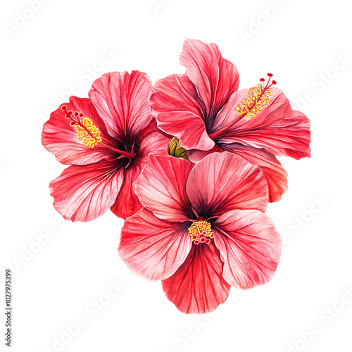 Fototapeta Naklejka Na Ścianę i Meble -  Bright and bold watercolor tropical hibiscus flowers against a white backdrop