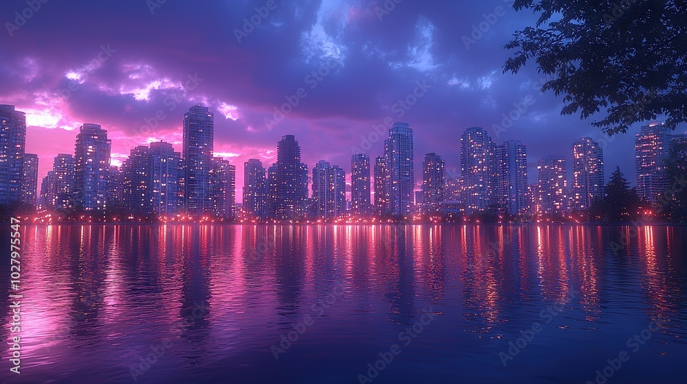 Fototapeta premium A stunning view of a cityscape at night, mirrored in a tranquil body of water as towering skyscrapers illuminate the sky