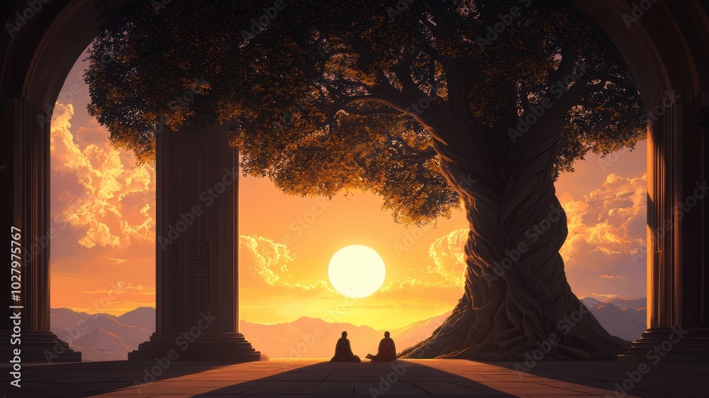 Fototapeta premium A serene sunset silhouette of two figures resting beneath a sprawling tree, framed by archways, evoking tranquility and connection with nature.