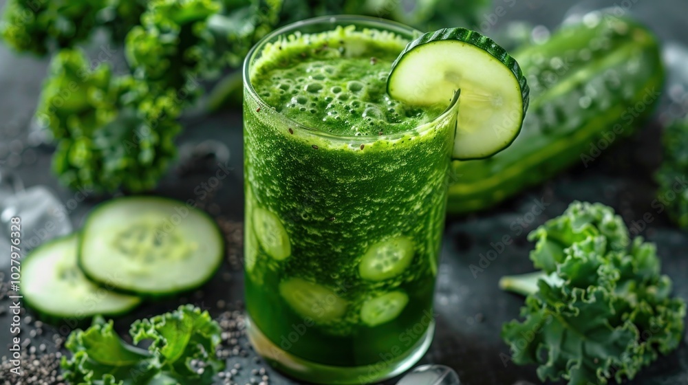 Close up of a refreshing green juice drink in a clear glass filled with fresh organic vegetables and leafy herbs The vibrant vibrant green liquid is a healthy Close up of a refreshing green juice drink in a clear glass filled with fresh organic vegetables and leafy herbs The vibrant vibrant green liquid is a healthy
