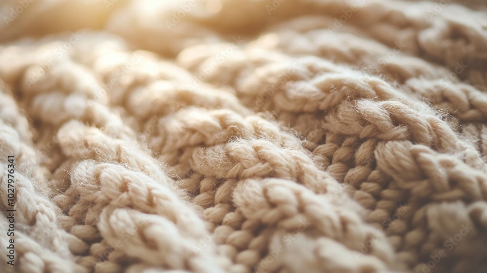 A close-up of a knitted blanket with sunlight filtering through the crochet texture A close-up of a knitted blanket with sunlight filtering through the crochet texture