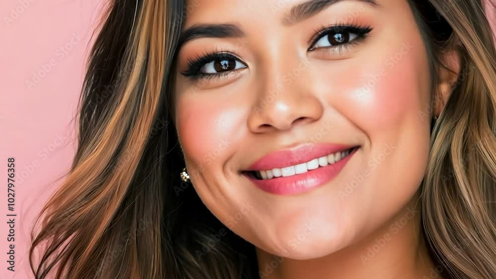 Close-up of a beautiful young asian woman with long brown hair and flawless skin, smiling joyfully against a vibrant pink background, radiating happiness and charm Close-up of a beautiful young asian woman with long brown hair and flawless skin, smiling joyfully against a vibrant pink background, radiating happiness and charm