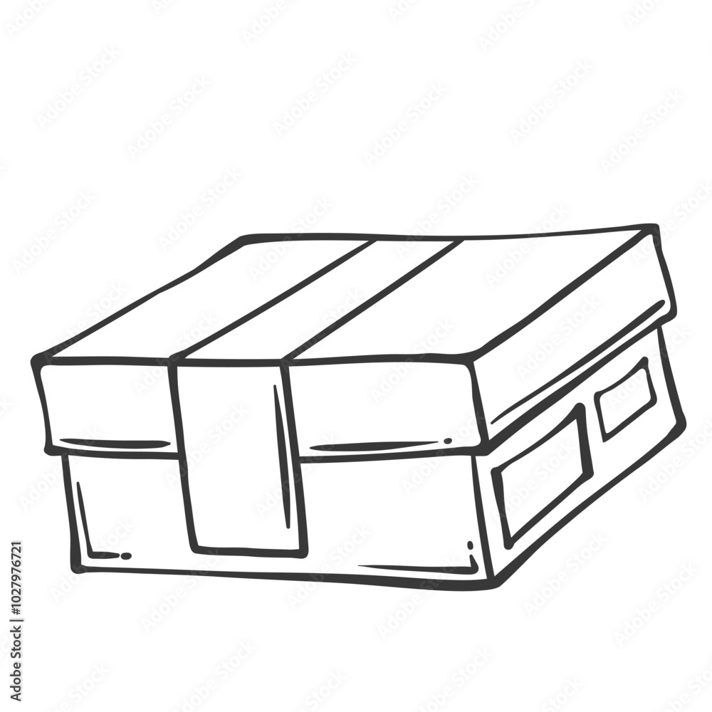 Square closed box with lid line icon. Outline paper package for gift, cardboard shoebox with label on cover. Retail shop delivery, storage mascot, hand drawn box with cap icon vector illustration Square closed box with lid line icon. Outline paper package for gift, cardboard shoebox with label on cover. Retail shop delivery, storage mascot, hand drawn box with cap icon vector illustration
