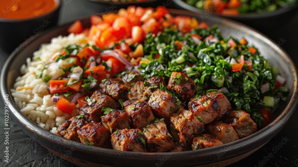 A vibrant and colorful plate of halal street food, such as shawarma or falafel, served with sauces and salads A vibrant and colorful plate of halal street food, such as shawarma or falafel, served with sauces and salads
